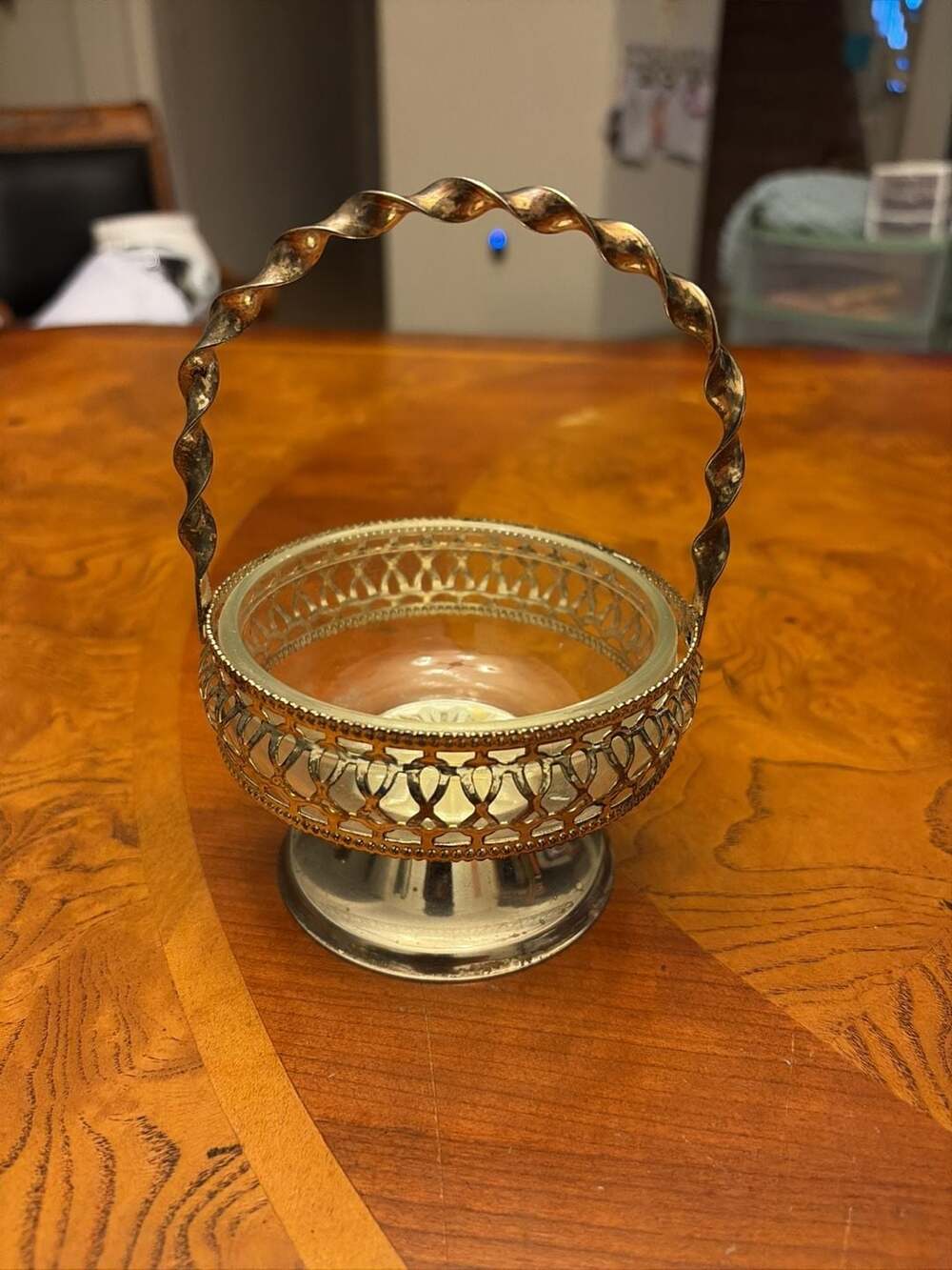 Vintage Silver Plate and Glass Basket with Twisted Handle England